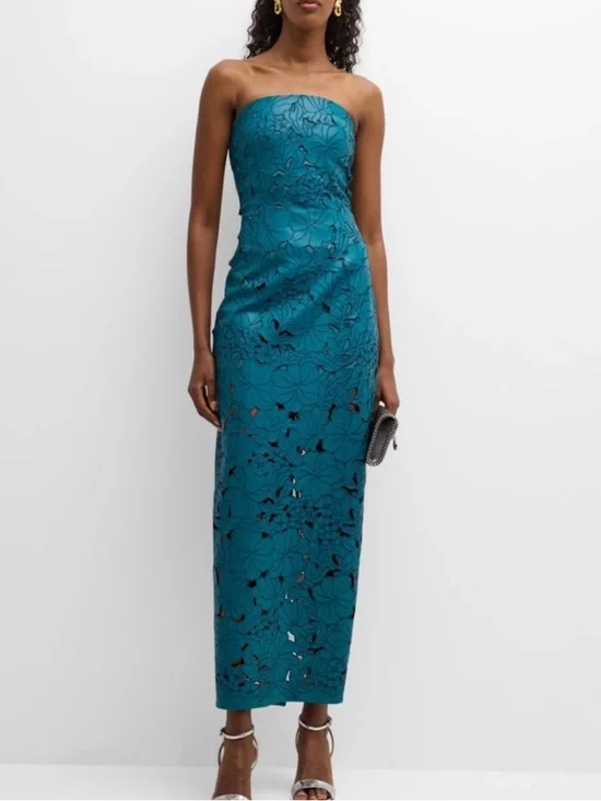 Cult Gaia Raylene Teal Lazer Cut Embroidered Strapless Midi Dress Size US6 - Picture 6 of 12